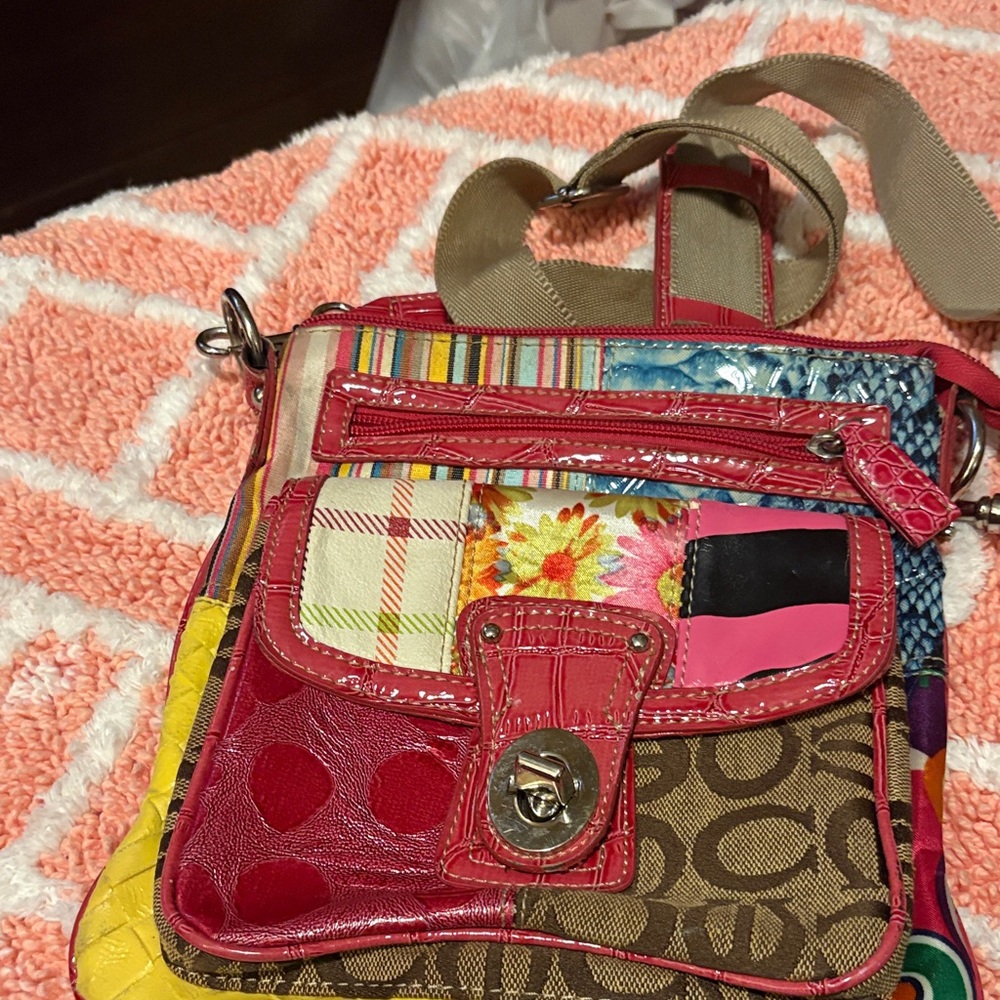 Colorful Patchwork Crossbody Bag - Pink Accent